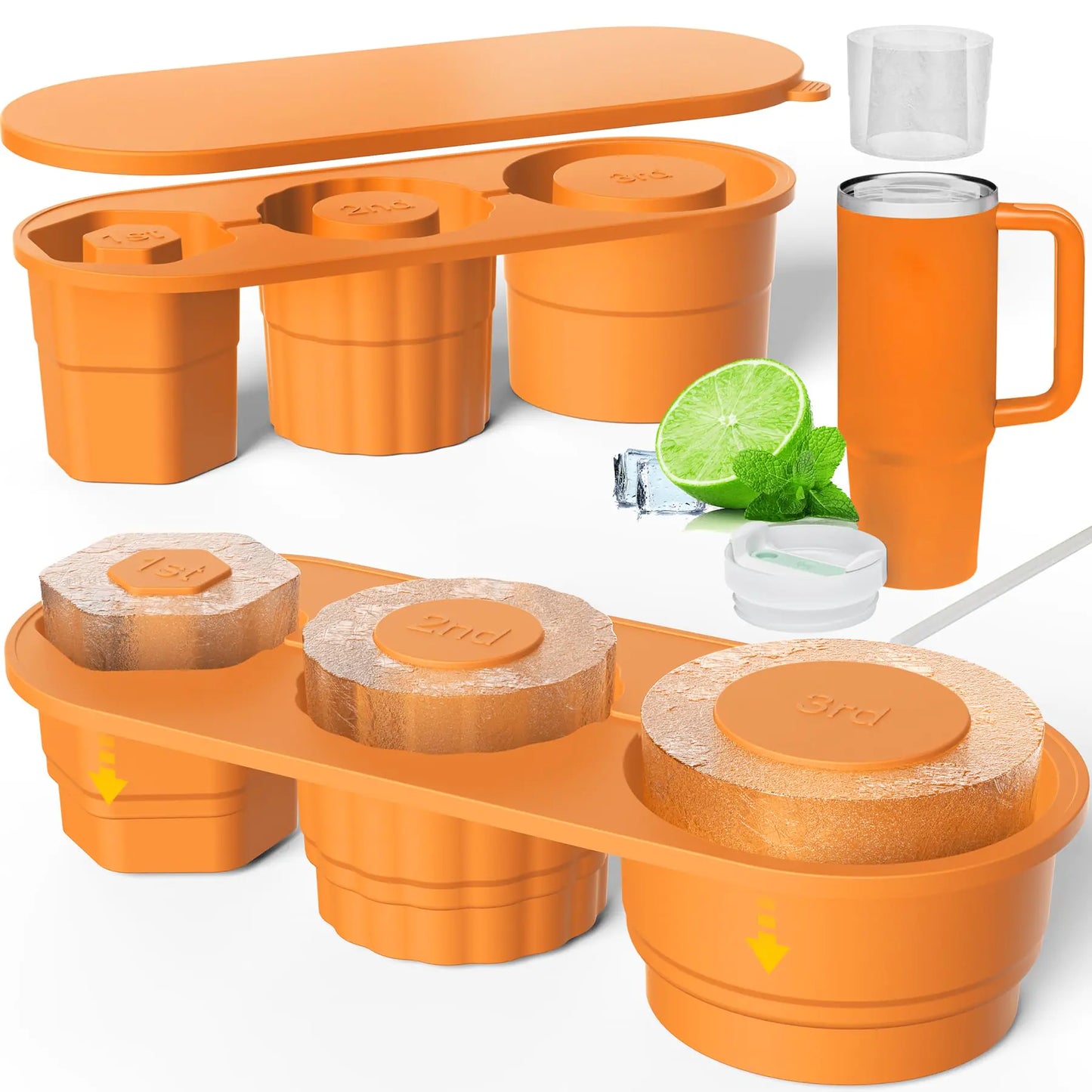 Large Ice Cube Tray for Stanley Cup 40 Oz30 Oz Tumbler Ice MoldSilicone Ice Tray with Lid for Making 3 Sizes Hollow Cylinder Stanleys Ice MoldsEasy To ReleaseSummer Gifts (Orange)
