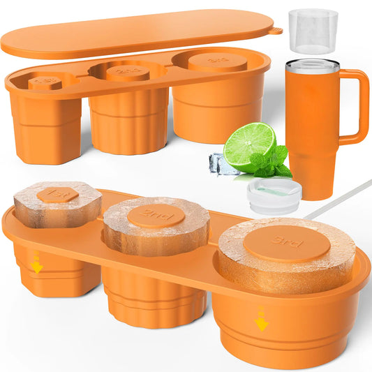 Large Ice Cube Tray for Stanley Cup 40 Oz30 Oz Tumbler Ice MoldSilicone Ice Tray with Lid for Making 3 Sizes Hollow Cylinder Stanleys Ice MoldsEasy To ReleaseSummer Gifts (Orange)